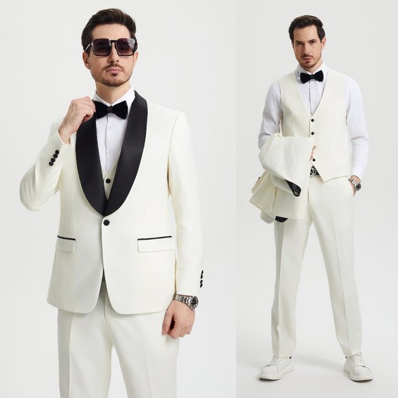 Stacy Adams 3pc Mens Tuxedo Hybrid Fit Shawl Lapel, Ivory - Picture 1 of 6